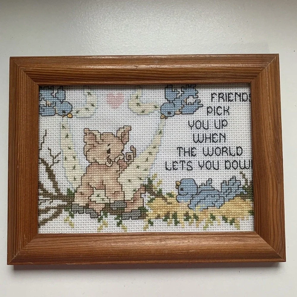 Vtg Needlepoint Embroidery Art Wood Framed w/ Glass Wall Hanging Friends Love